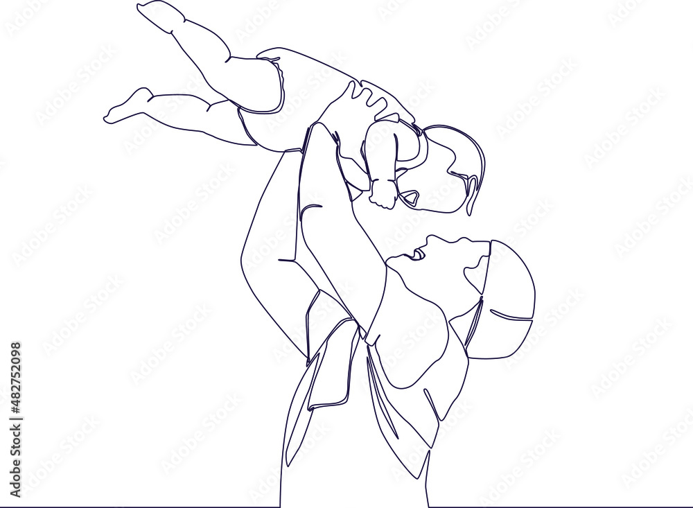 Happy family, simple continuous line drawing of a male playing with his son. Vector illustration Happy family, simple continuous line drawing of a male playing with his son. Vector illustration