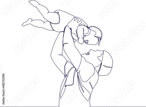 Happy family, simple continuous line drawing of a male playing with his son. Vector illustration