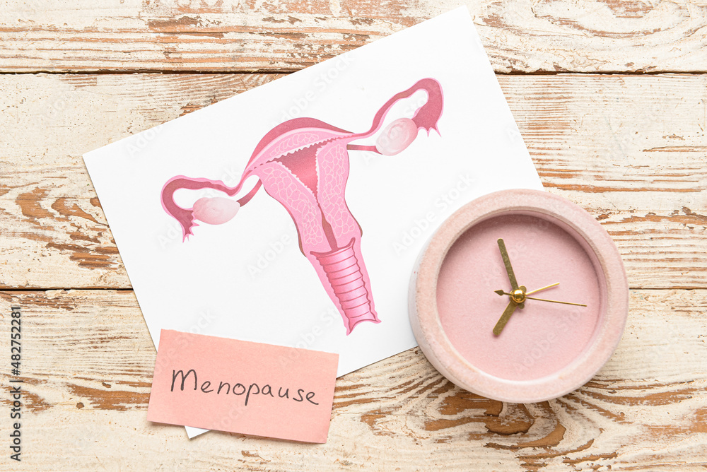 Foto de Papers with word MENOPAUSE, uterus and alarm clock on light