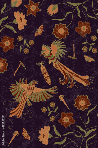 traditional batik pattern textile design, asian batik cloth motifs.
