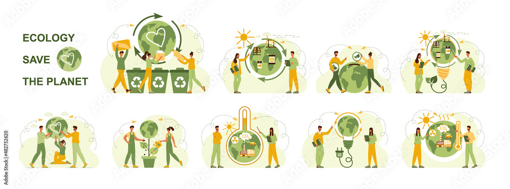 Ecology set. Concept eco, save planet, waste sorting, global warming, climate change, alternative energy - solar battery, windmill. Save the environment and planet earth. Flat vector illustration Ecology set. Concept eco, save planet, waste sorting, global warming, climate change, alternative energy - solar battery, windmill. Save the environment and planet earth. Flat vector illustration