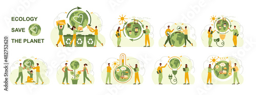 Ecology set. Concept eco, save planet, waste sorting, global warming, climate change, alternative energy - solar battery, windmill. Save the environment and planet earth. Flat vector illustration