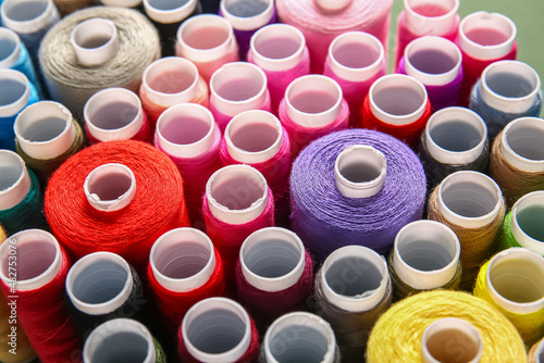 Closeup view of different thread spools