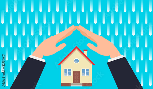 real estate insurance businessman hands protect house from rain vector illustration
