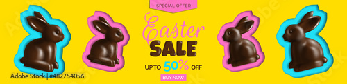 easter sale banner  design with 3d chocolate rabbits bunny figures  on yelllow background vector illustration