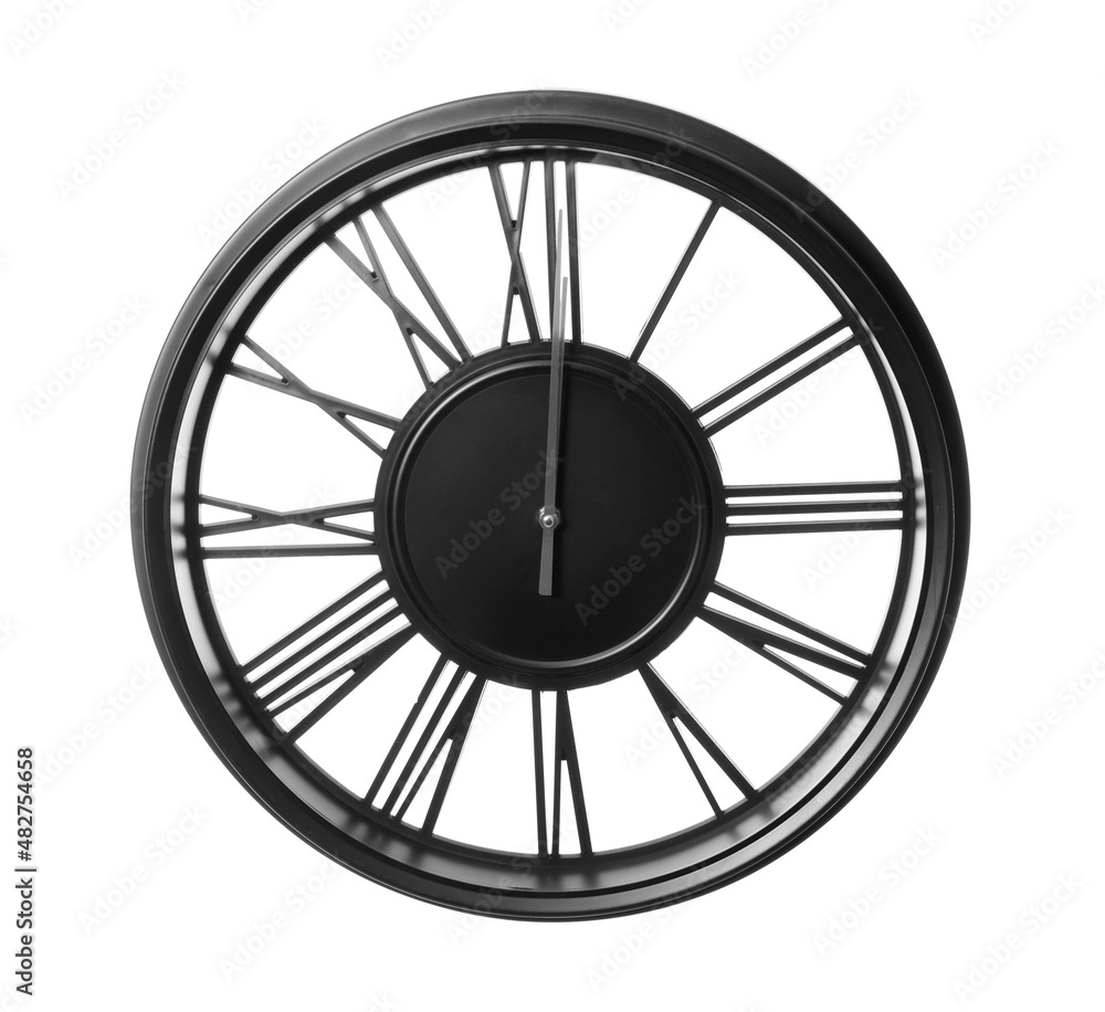 Modern black clock with Roman numerals isolated on white Modern black clock with Roman numerals isolated on white
