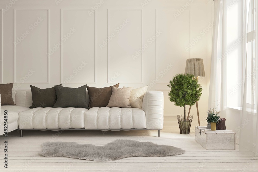 White classic living room with wite furniture. Classic interior design. 3D illustration White classic living room with wite furniture. Classic interior design. 3D illustration