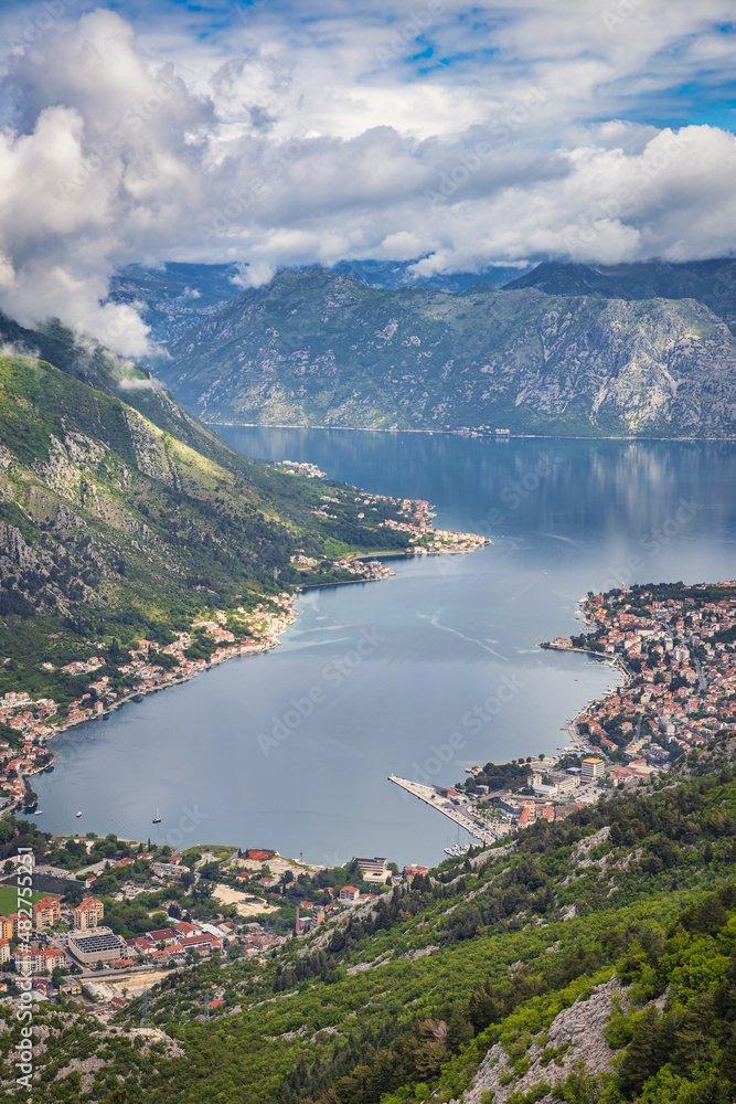 Aerial view of Kotor Bay from above the clouds, Montenegro