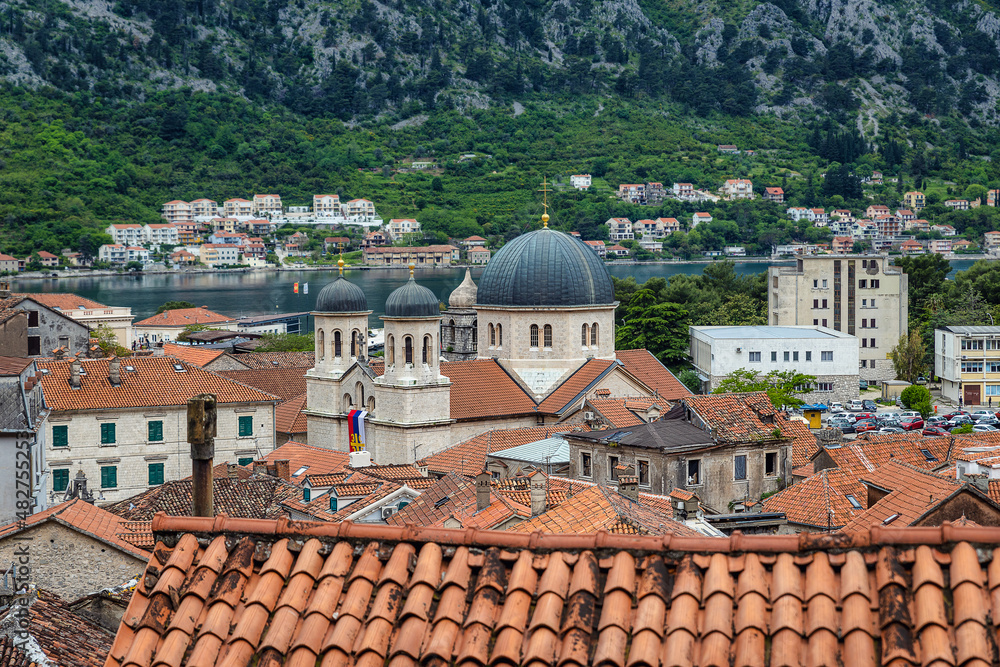 Rooftop view of Kotor old town with beautiful dome of St Nicholas church, Montenegro