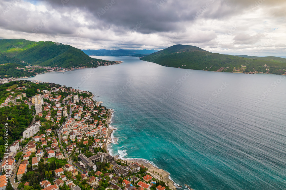 Aerial view of Kotor Bay and Herceg Novi town in Montenegro