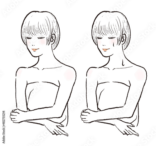 サウナで汗をかく上半身の女性イラスト。ショートヘアで目を閉じている。