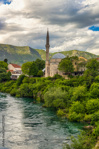 Koski Mehmed Mosque and Neretva river in famous Mostar town, Bosnia and Herzegovina
