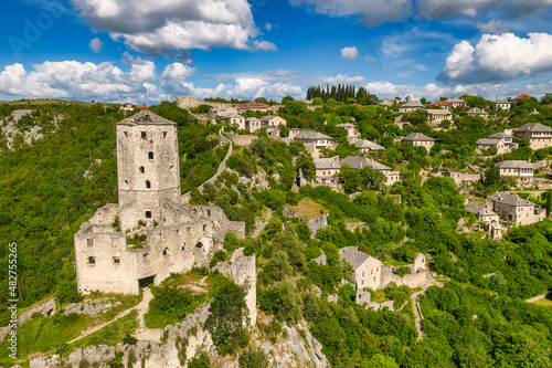 Aerial view of old medieval castle in Pocitelj town in Bosina and Herzegovina