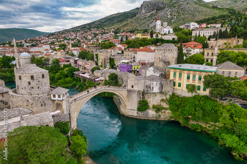 Aerial view of the old bridge of Mostar, famous touristic destination in Bosnia and Herzegovina