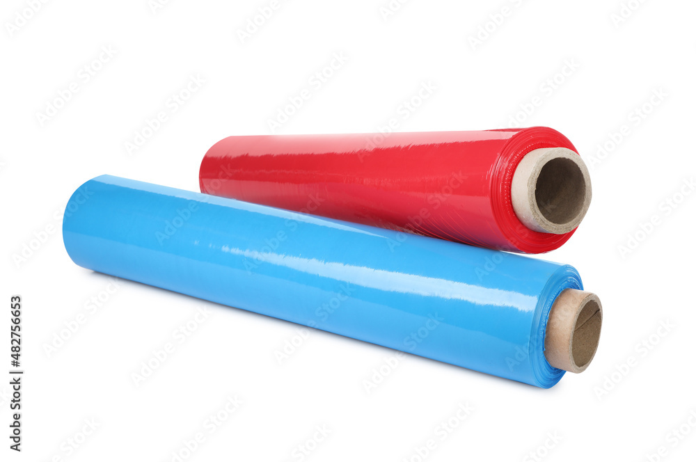Different plastic stretch wrap films on white background Different plastic stretch wrap films on white background