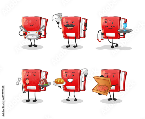 book restaurant group character. cartoon mascot vector