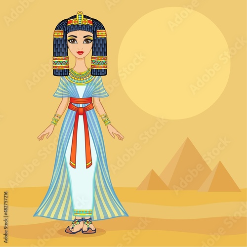 Animation Egyptian princess in ancient clothes and wig, gold jewelry. Queen, goddess, princess. Full growth. Vector illustration. Background - desert landscape, pyramids.