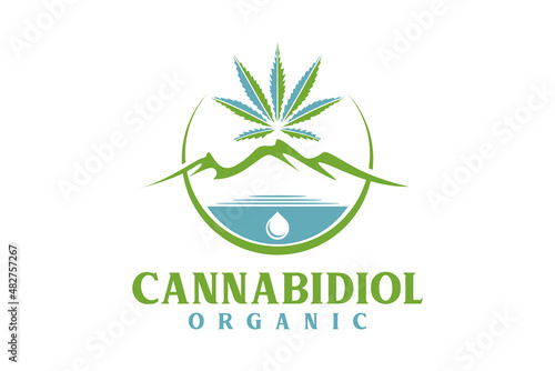 Cannabis Pot Hemp Leaf with Hills Mountain Peaks for CBD or Cultivation logo design