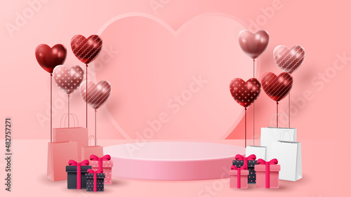 Valentine's day 3D podium product presentation for banner, advertising, and business. vector illustration