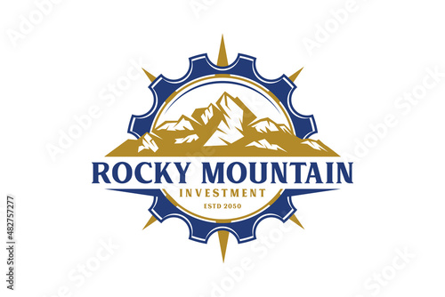 Mountain Forest with Gear Cog, River Creek Water Mill Wheel logo design