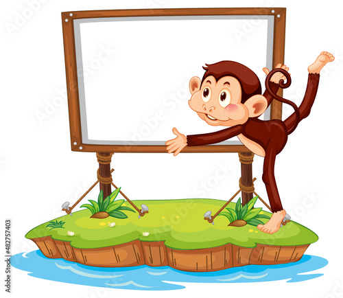 Dancing monkey with blank board on white background