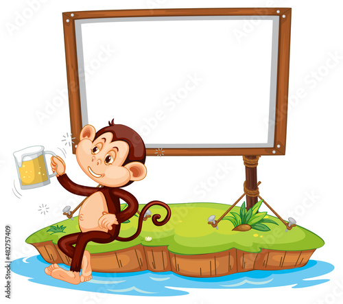Drunk monkey with blank board on white background