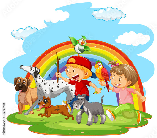 Two kids playing with their dogs