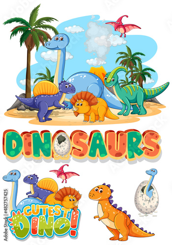 Set of cute dinosaurus cartoon characters