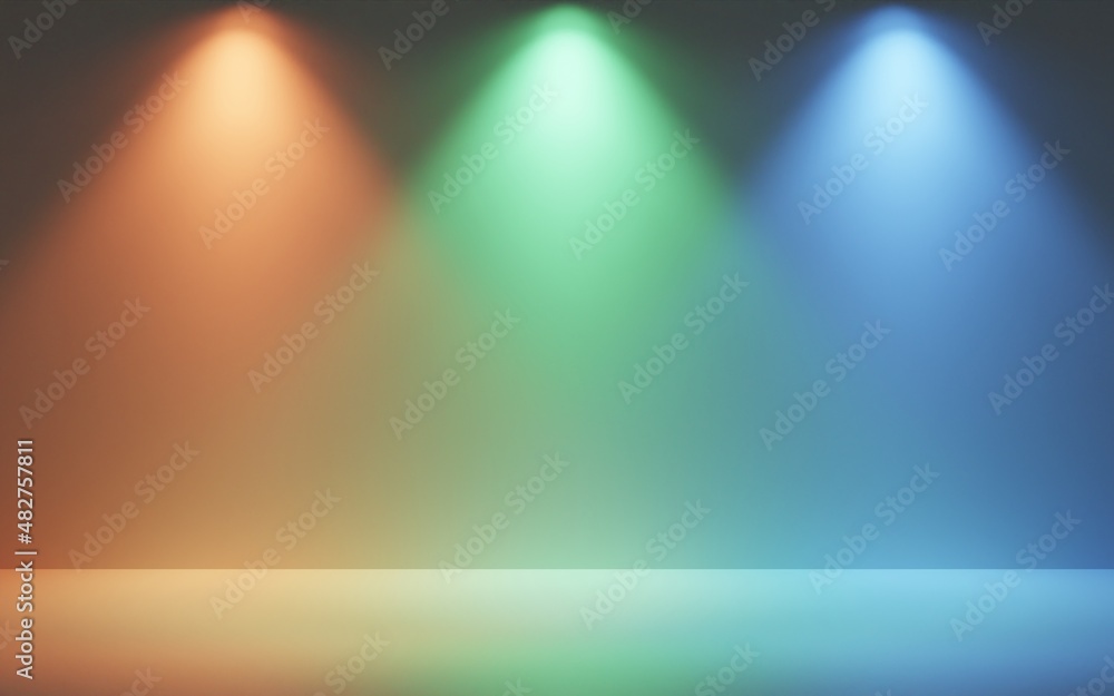 Multicolor Spotlight. Stage white smoke spotlight background. Stage illuminated by theatrical spotlight during the show. Blue background. Place for the exhibition. - obrazy, fototapety, plakaty 