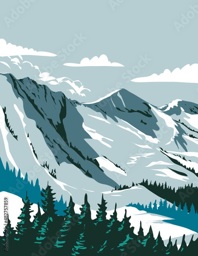 WPA Poster Art of Alta ski area in the Wasatch Mountains located in Salt Lake County, Utah, United States USA done in works project administration style or federal art project style.
 photo