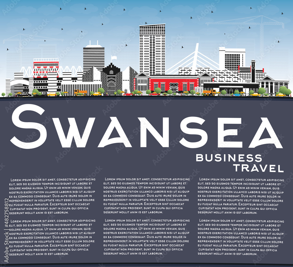 Swansea Wales City Skyline with Color Buildings, Blue Sky and Copy Space.