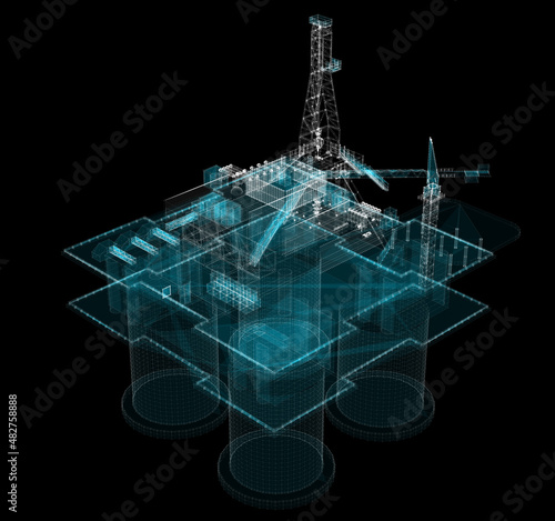 3d hologram of offshore oil platform of particles