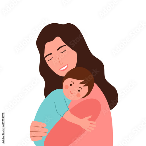 Happy mom holding her baby child in flat design on white background.
