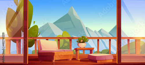 House terrace, wooden balcony with table, couch and view to mountains. Vector cartoon illustration with home veranda with roof, fence and glass walls and landscape with rocks and green trees