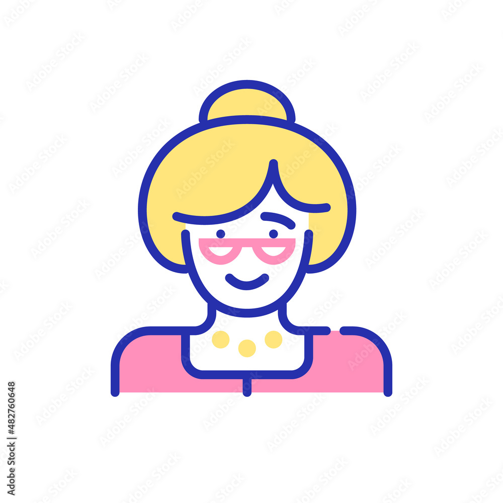 Elderly lady avatar. Grandmother wearing glasses with a head bun. Pixel perfect, editable stroke fun color icon Elderly lady avatar. Grandmother wearing glasses with a head bun. Pixel perfect, editable stroke fun color icon
