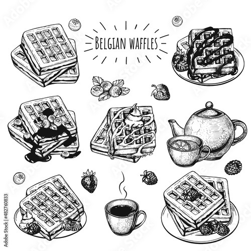 belgian waffles with raspberries, blueberries, strawberries, chocolate, cream vector sketch. belgian waffles on plates drawing. teapot and mug of tea hand drawing. cup of hot coffee vector sketch. 