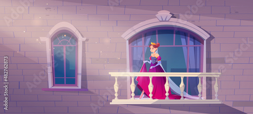 Princess in pink dress on palace balcony. Fairy tale beautiful girl in gold crown. Vector cartoon illustration of royal house facade with arch windows and terrace with balustrade