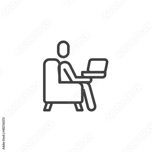 A man sits with a laptop on an armchair line icon