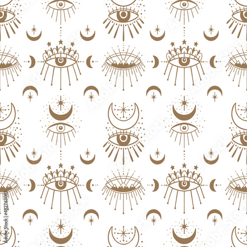 Mystic seamless pattern hamsa and evil eye symbol.Esoteric magic occult amulet.Abstract hand drawn style.