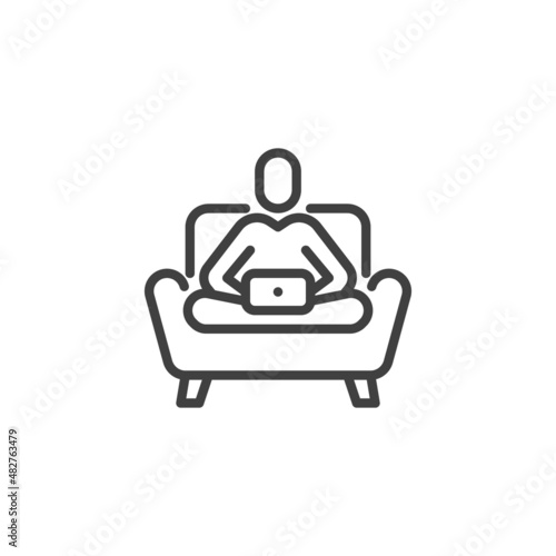 Person with laptop on armchair line icon
