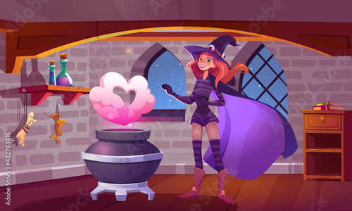Girl witch make magic love potion in cauldron. Vector cartoon fantasy illustration of wizard room interior with boiling pot, pink smoke cloud in shape of heart and woman in magician costume