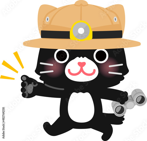 探検帽をかぶり双眼鏡を持った猫のキャラクター
