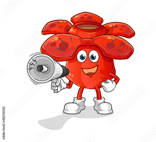 Rafflesia arnoldii holding hand loudspeakers vector. cartoon character