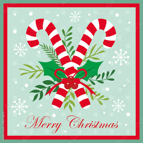 christmas greeting card with candy cane red ribbon