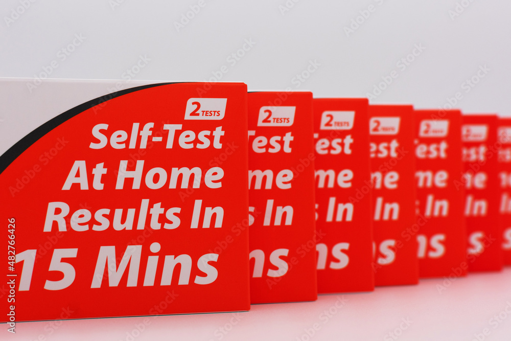 Row of iHealth Covid19 home antigen rapid test kit. Self test at home