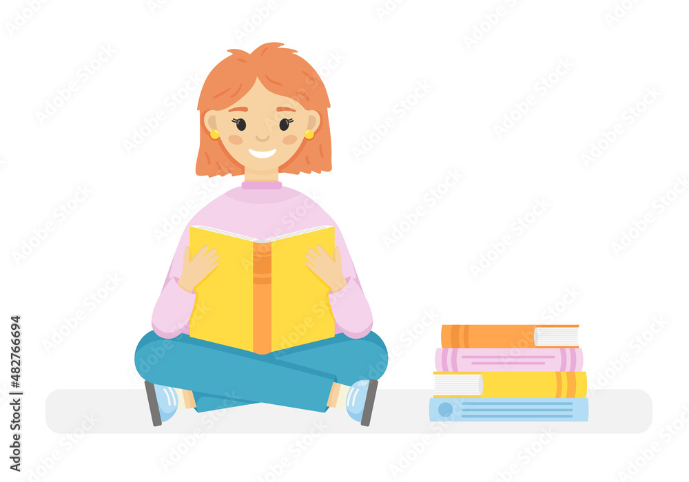 Girl reading, siting and hold open book in her hands. Isolated on white background. Girl reading, siting and hold open book in her hands. Isolated on white background.
