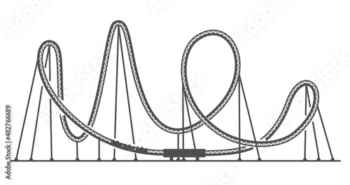 Rollercoaster silhouette. Ride track in amusement park. Scary attraction. Vector outline illustration