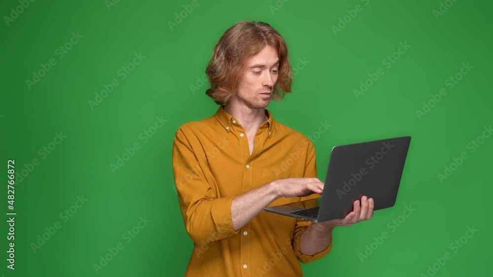 Marketer guy use netbook decide solution isolated shine color background Marketer guy use netbook decide solution isolated shine color background