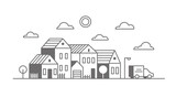 Suburban neighborhood landscape. Silhouette of houses on the skyline. Countryside cottage homes near the road. Outline vector illustration.