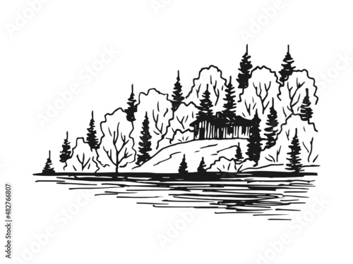 Landscape, lake, house and pine trees. Hand drawn sketch illustration